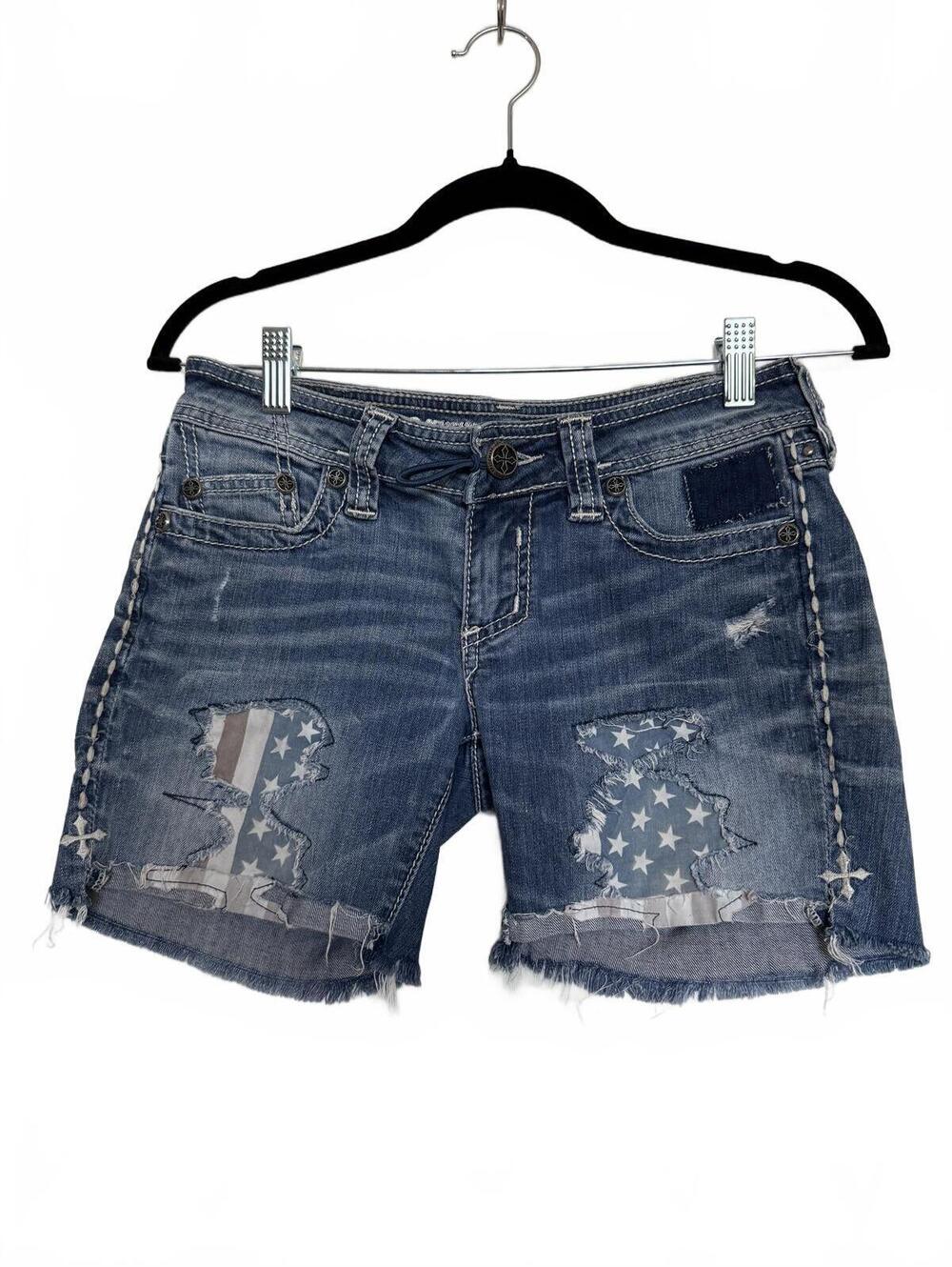 Affliction Distressed Denim Shorts with Star Pattern Patches